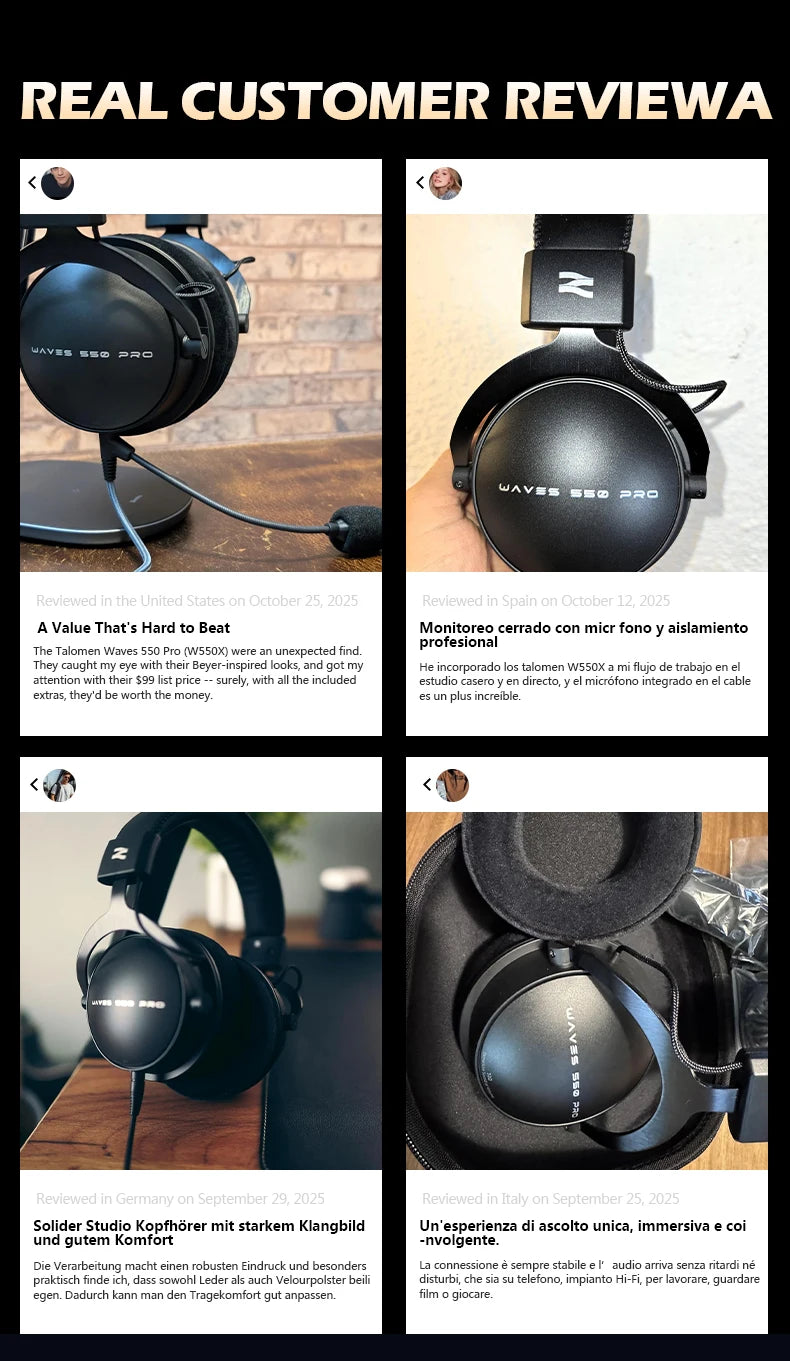 Cuffie da studio TALOMEN W550x – Cuffie monitor DJ professionali cablate over-ear con driver da 50mm e cavo rimovibile