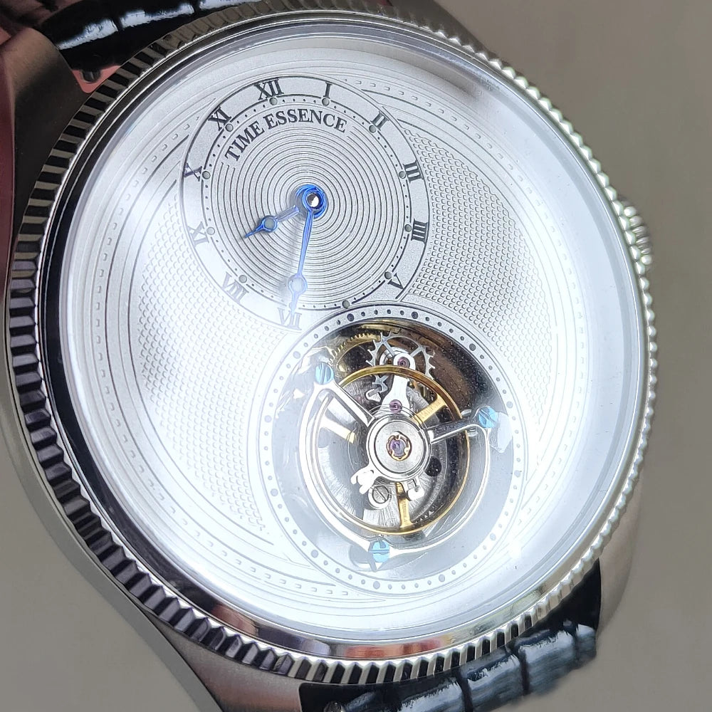 Time Essence Tourbillon Watch Classic Styling Leather Strap Sapphire Glass Hand Winding Luminous 28800