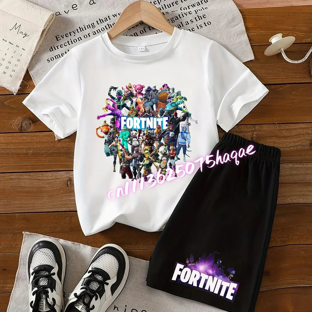 Angesagtes Fortnite-Kinder-Set mit T-Shirt und Shorts, Cartoon-Figur-Print, Sommer-Freizeit-Sportbekleidung für Jungen