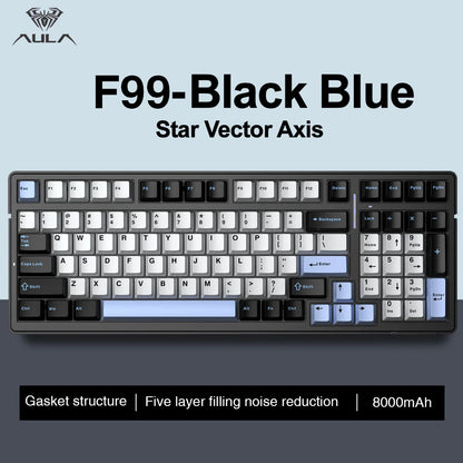Teclado mecânico AULA F99 Bluetooth 5.0/2.4G sem fios/com fios, teclado gaming com montagem gasket, 99 teclas, personalizável