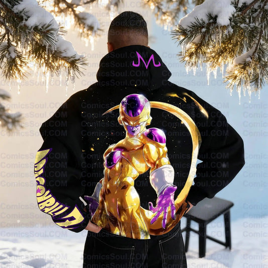Conjunto de sudadera con capucha negra Dragon Ball Z Frieza Golden Form con estampado trasero de efecto de energía morada en algodón y diseño con logotipo M