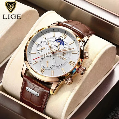 2025 New Men's Watches LIGE Top Brand Luxury Leather Casual Quartz Watch Men's Sport Waterproof Clock Watch Relogio Masculino+Box