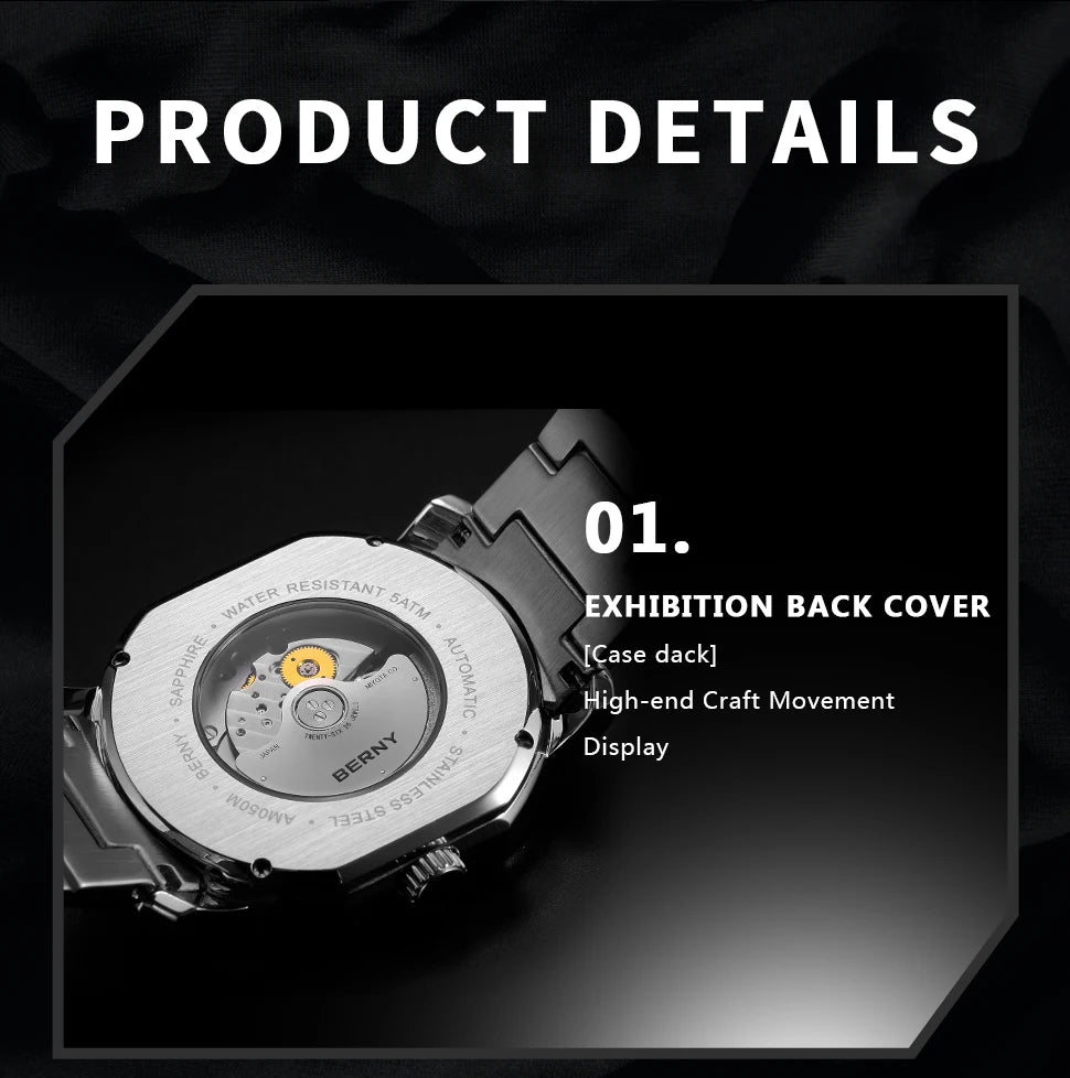 BERNY Men's Mechanical Watch, Top Accuracy, Automatic Wristwatch, Luxury Male Clock, Sapphire, Self-Winding, Waterproof