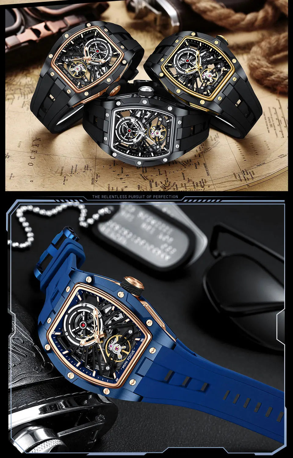 MINI FOCUS Herren-Armbanduhr, modisch, schwarz, wasserdicht, automatische mechanische Uhr mit Leuchtzeigern, Silikonarmband und Tonneau-Zifferblatt