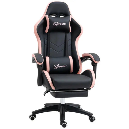Adjustable Height Gaming Chair with Headrest, Ergonomic Gaming Chair with Footrest, PU Leather Computer Chair for Gaming Desk, Pink & Black