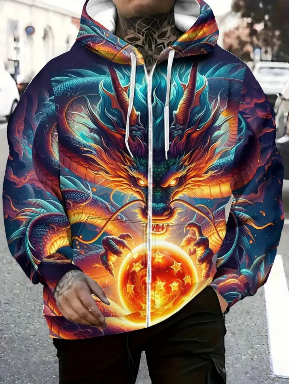 Herren-Hoodie mit Drachenprint und Reißverschluss, Kordelzug, langen Ärmeln, Oversize-Passform, für Outdoor-Aktivitäten und Reisen, Herbst/Winter