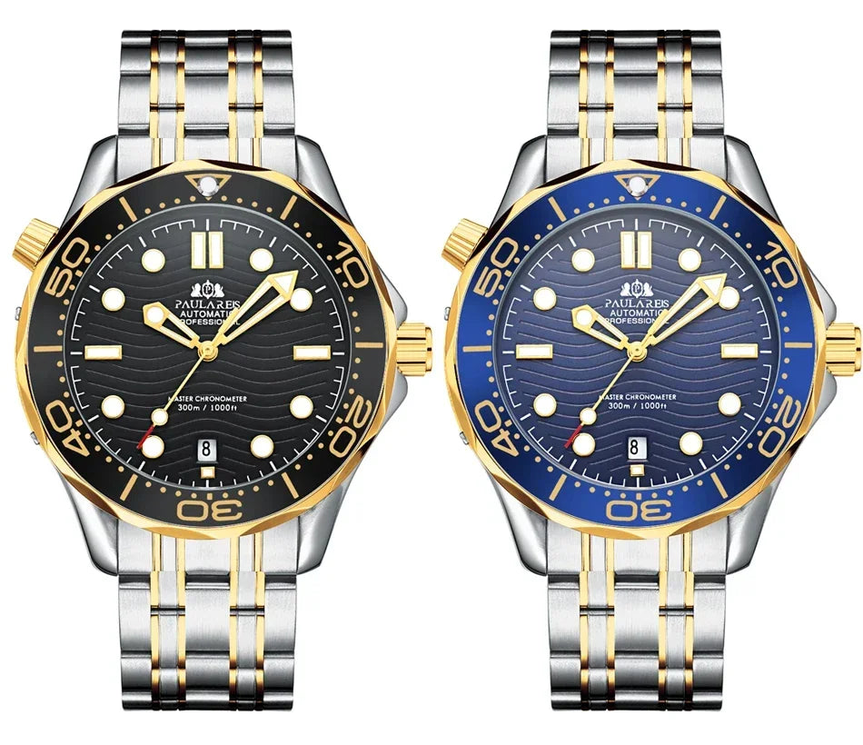Automatic Mens Watch Mechanical Self Wind Movement Stainless Steel Casual Yellow Gold Silver Blue Master Wave Fashion Watches