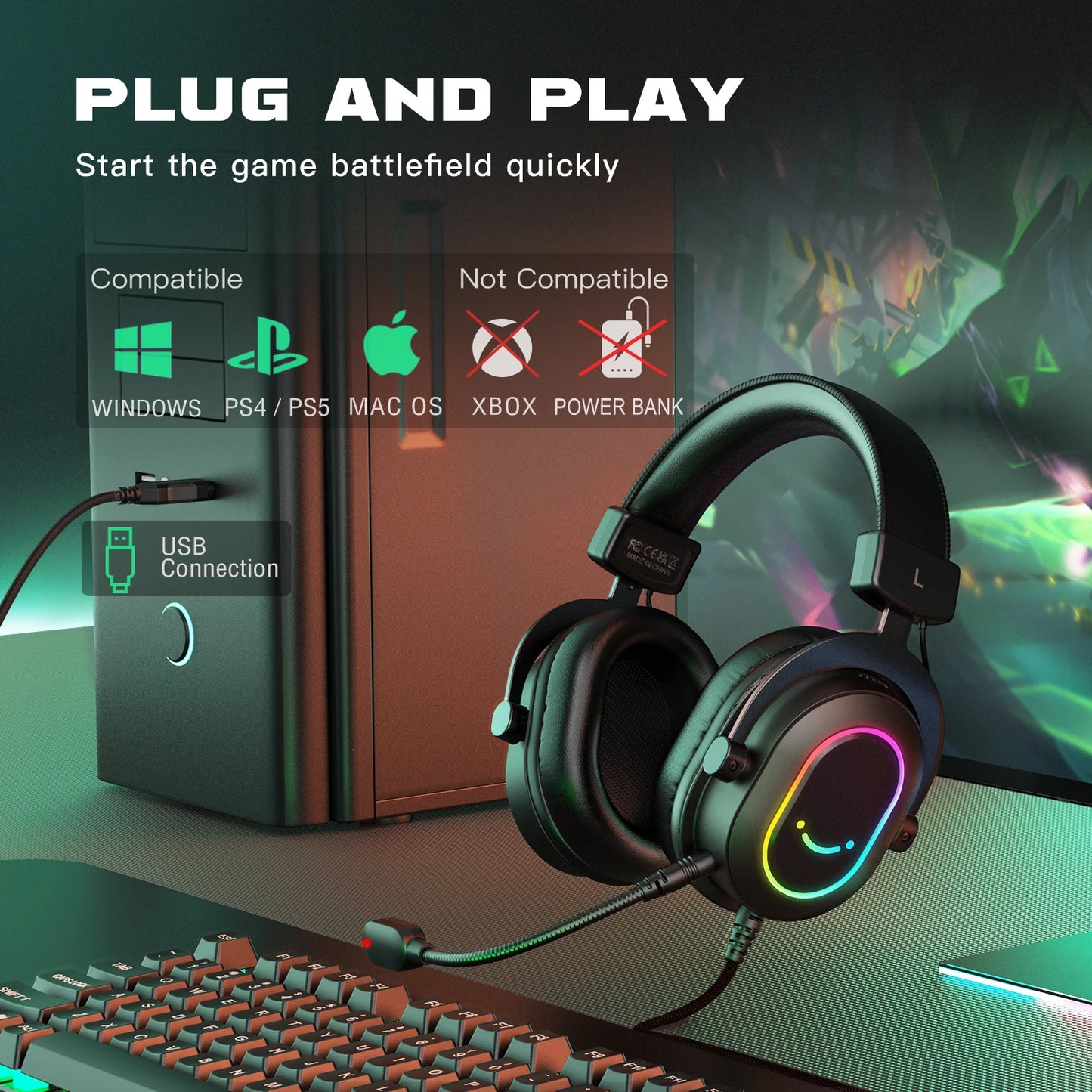 Cuffie gaming RGB FIFINE con microfono – cuffie USB cablate over-ear con audio surround 7.1 per PC, PS4, PS5, modalità EQ e isolamento acustico