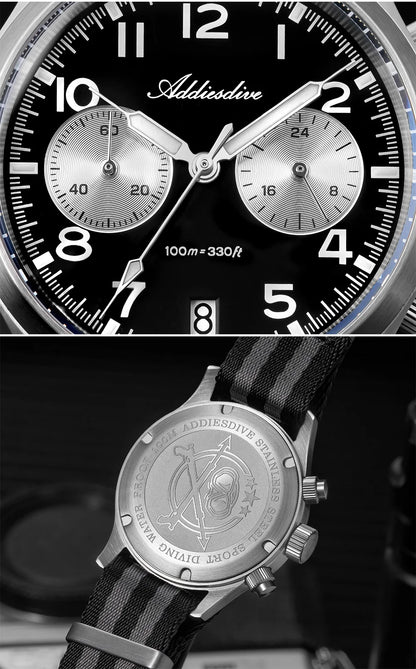 ADDIESDIVE 2025 Neue Panda Eye Herrenuhr, luxuriöse Retro-VK64-Quarzuhr für Herren, Sport-Chronograph, 100M wasserdicht, leuchtend