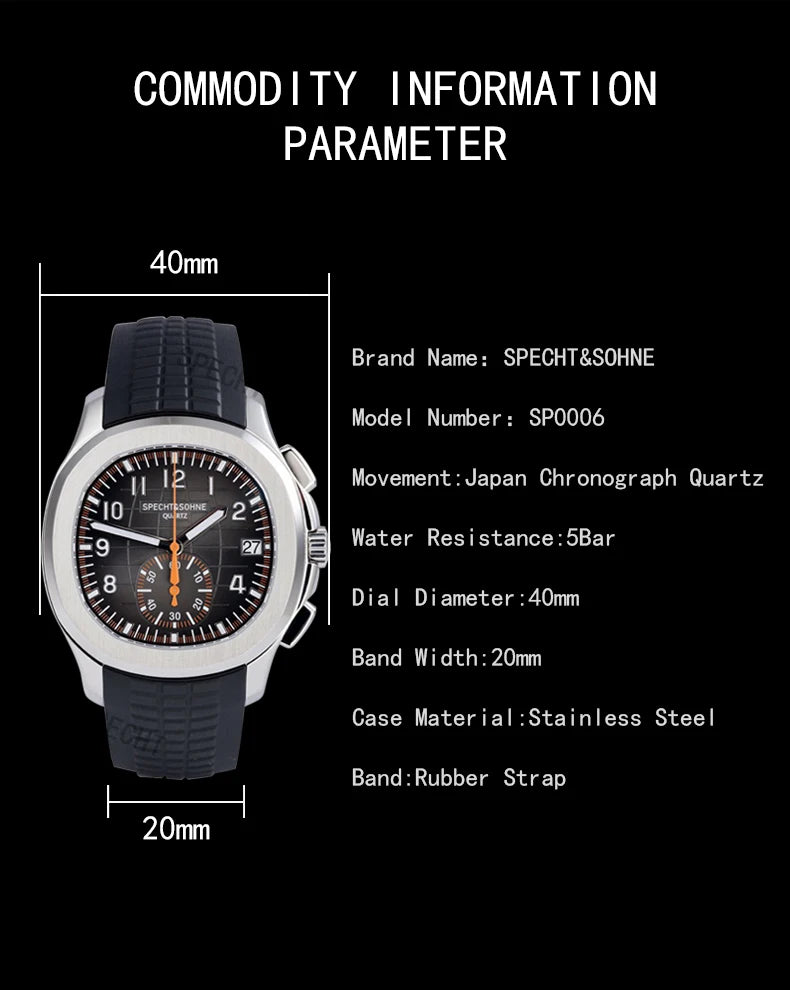 Specht & Söhne New Classic 5167 Men's Watch Orange Color Sapphire Crystal Rubber Strap Sports Male Quartz Watches 50M Waterproof