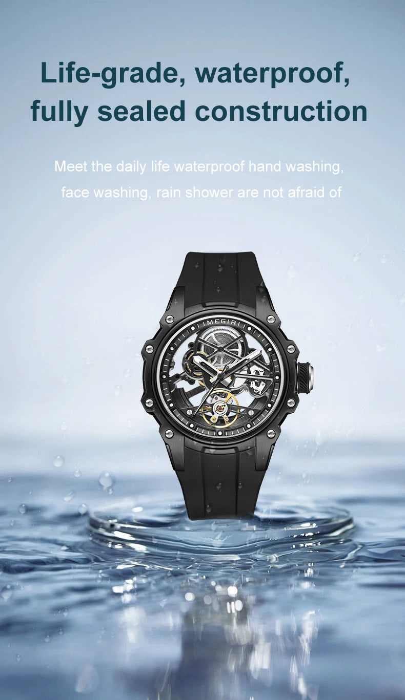 MEGIR Skeleton Dial Automatic Mechanical Watch Men Stainless Steel Case Waterproof Luminous Sport Wristwatch with Silicone Strap