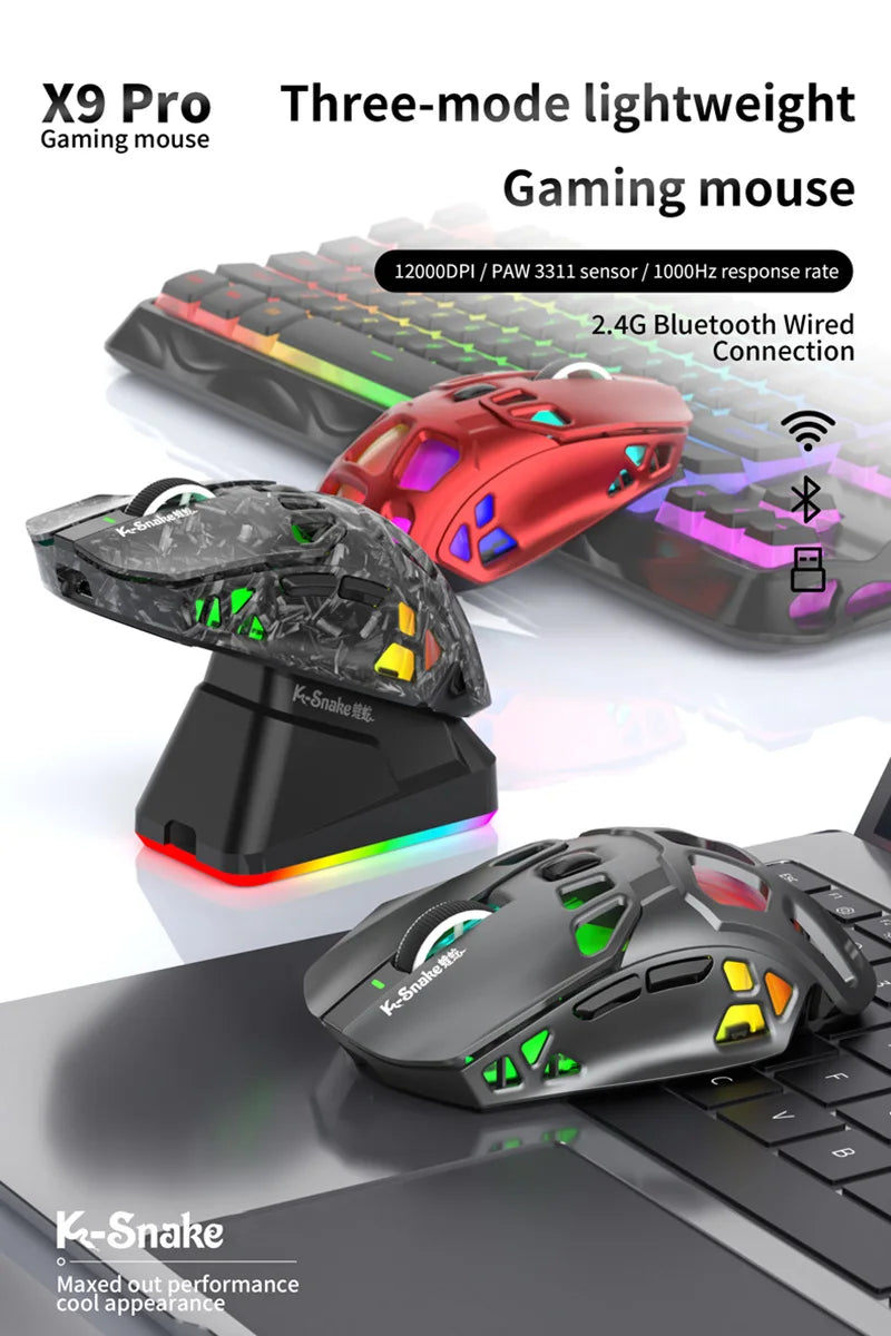 Mouse da gaming leggero Lenovo Tri-Mode con dock di ricarica RGB 12000DPI 2.4G/Bluetooth/cablato mouse ergonomico per PC laptop