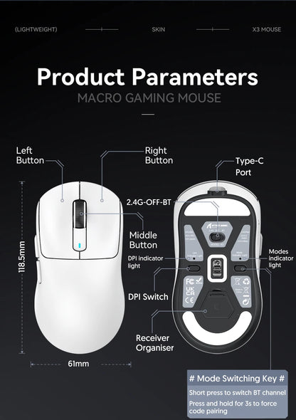 ATTACK SHARK X3 Wireless Gaming Mouse, Tri-Mode Bluetooth Gaming Mouse with PAW3395 Sensor, 26,000 DPI, 4K Polling Rate, RGB Gaming Mouse