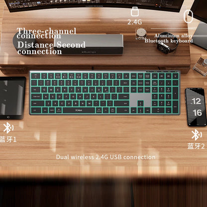Backlight Bluetooth Keyboard Multi-Device Full Size Wireless Keyboard with Number Pad, Rechargeable Slim Multimedia Keyboard