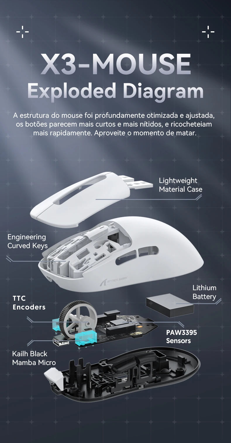 Atack Shark X3 PAW3395 Mouse Lightweight Wireless Gaming Mouse, Tri-Mode Mouse, 26K DPI PAW3395, PC/Laptop/Win/Mac