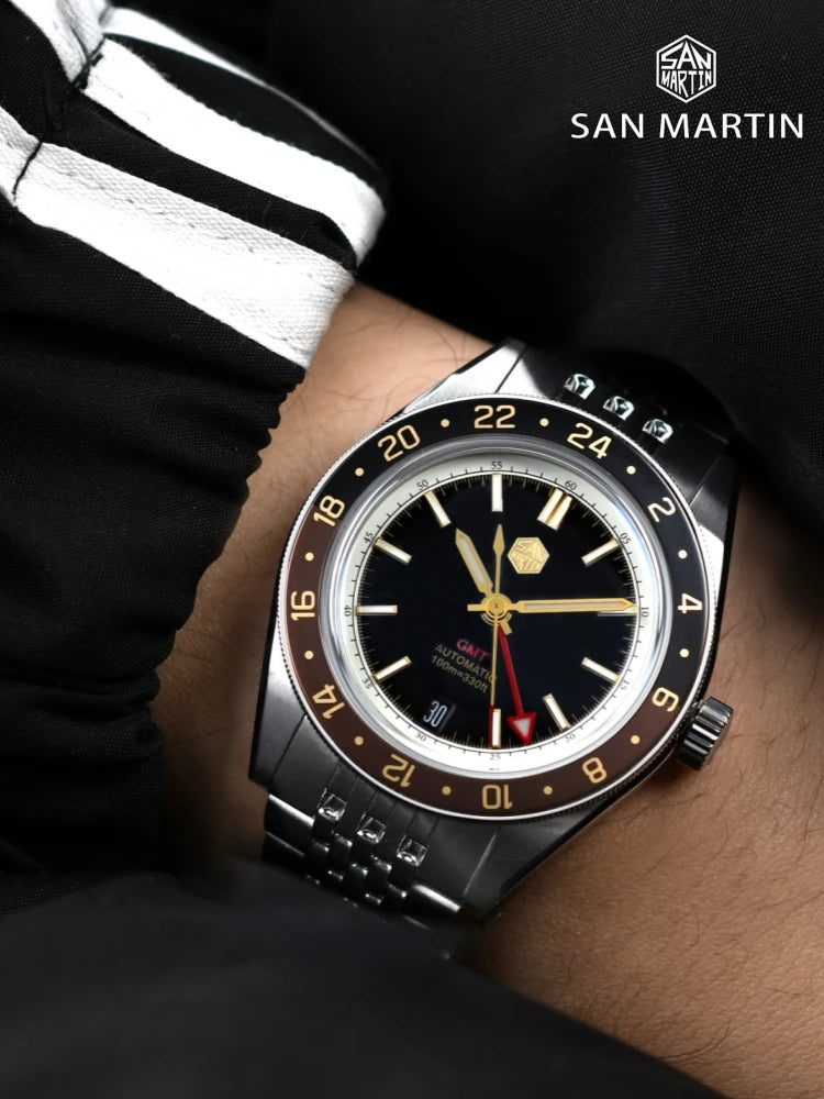 Orologio da uomo automatico San Martin 39.5mm Limited Edition con quadrante Full Lume, NH34 GMT, data a ore 6, 10Bar, Kol Saati di lusso SN0116W