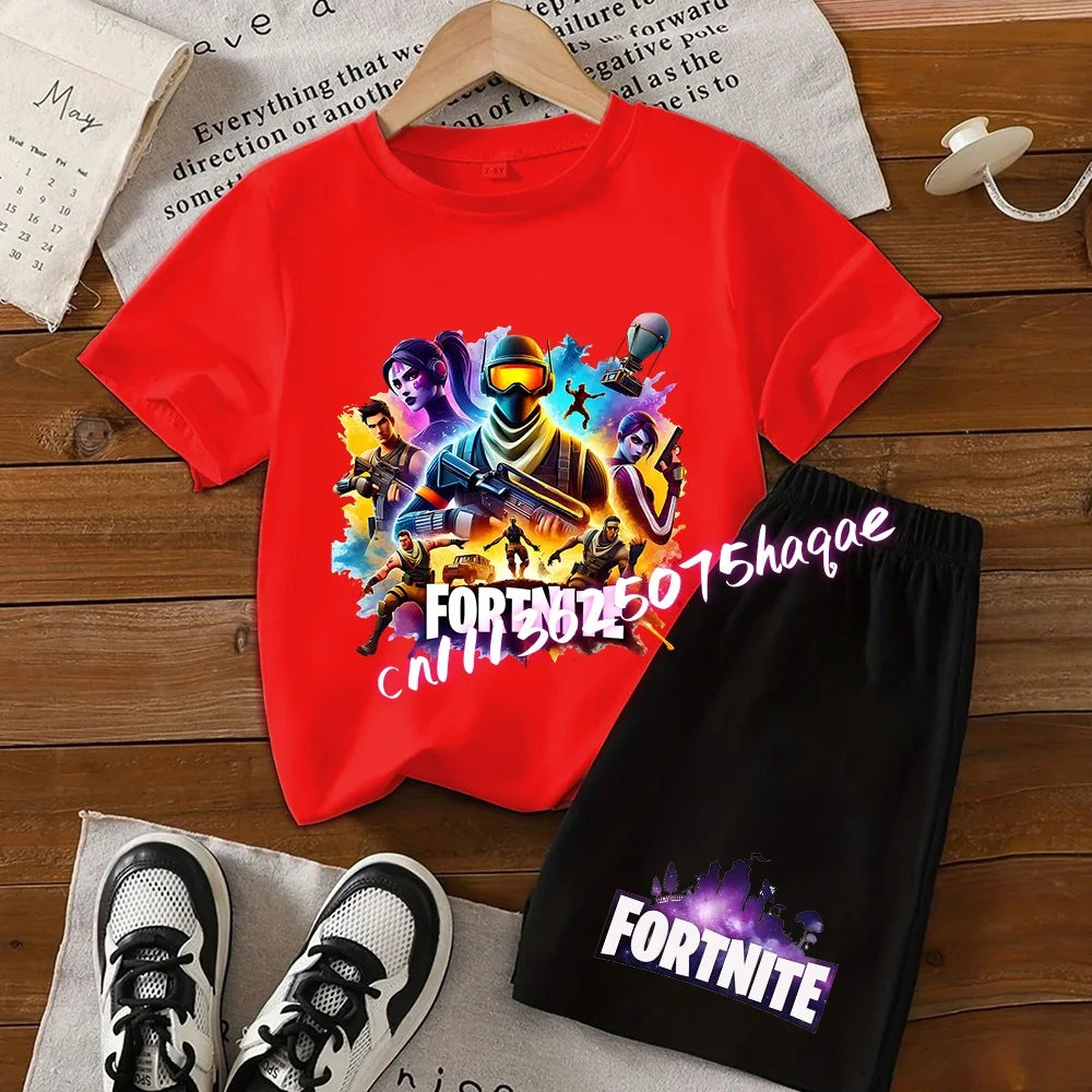 Angesagtes Fortnite-Kinder-Set mit T-Shirt und Shorts, Cartoon-Figur-Print, Sommer-Freizeit-Sportbekleidung für Jungen