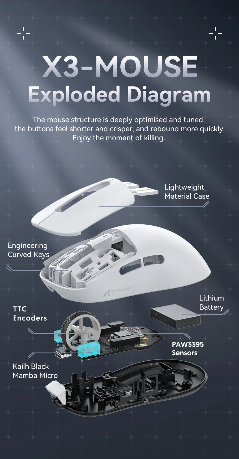 ATTACK SHARK X3 Wireless Gaming Mouse, Tri-Mode Bluetooth Gaming Mouse with PAW3395 Sensor, 26,000 DPI, 4K Polling Rate, RGB Gaming Mouse