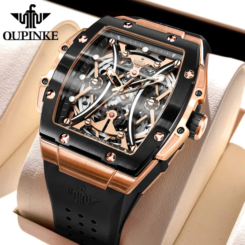 Relógio masculino OUPINKE clássico de luxo com mostrador tonneau, marca de topo, original, automático mecânico, bracelete em silicone e vidro de safira, novo
