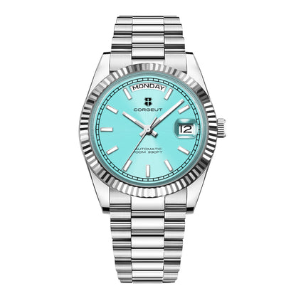 Orologio meccanico da uomo CORGEUT NH36 con indicazione di giorno e data, bracciale President, cassa in acciaio, lunetta arcuata filettata, impermeabile