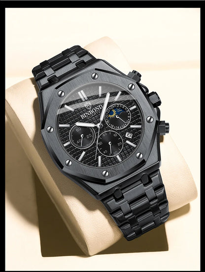 BINBOND Top Brand Man Quartz Watch Luxury Luminous Chronograph Wristwatch Stainless Steel Waterproof Men Date Calendar Clock