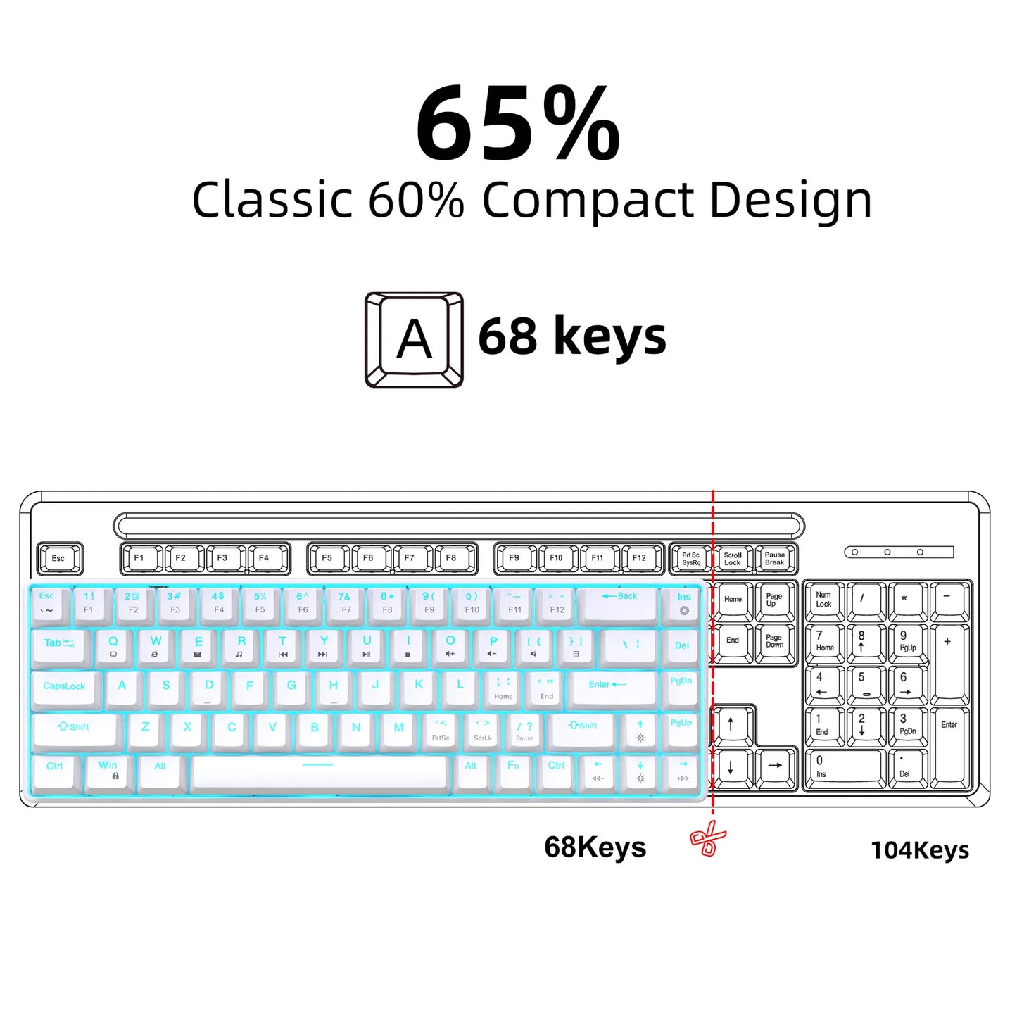 Teclado mecânico gaming 60% USB com teclas brancas, mini teclado gamer ergonómico para computador, retroiluminado, música, teclado para PC