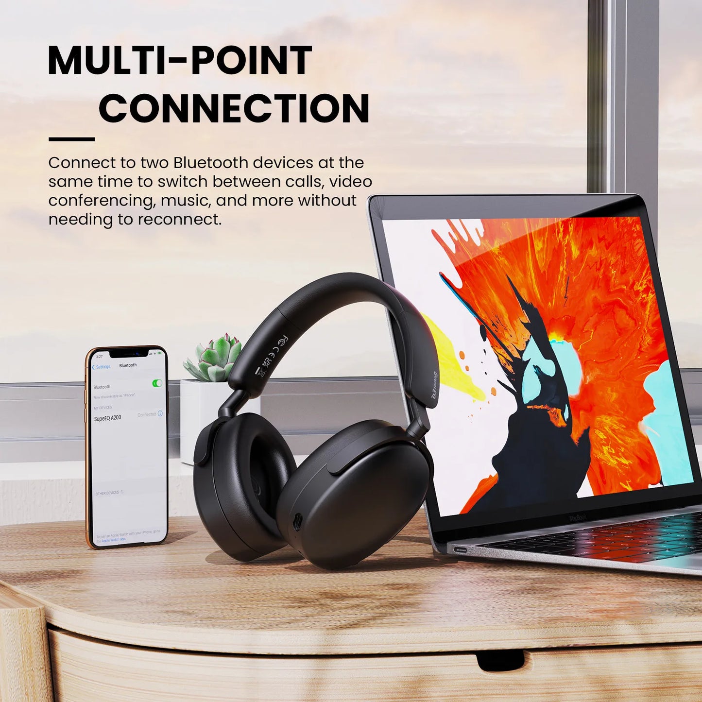 Oneodio SuperEQ A200 Cuffie wireless Bluetooth 5.4 ANC – Headset over-ear con cancellazione del rumore, microfono ENC, audio Hi-Res e controllo tramite app