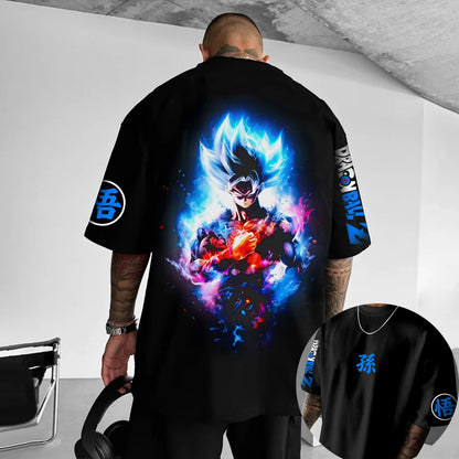 T-shirt oversized infantil Dragon Ball Z Son Goku Todas as Formas Broly Aura Azul Estampado de Grupo, streetwear anime para homem, T-shirt anime para fãs