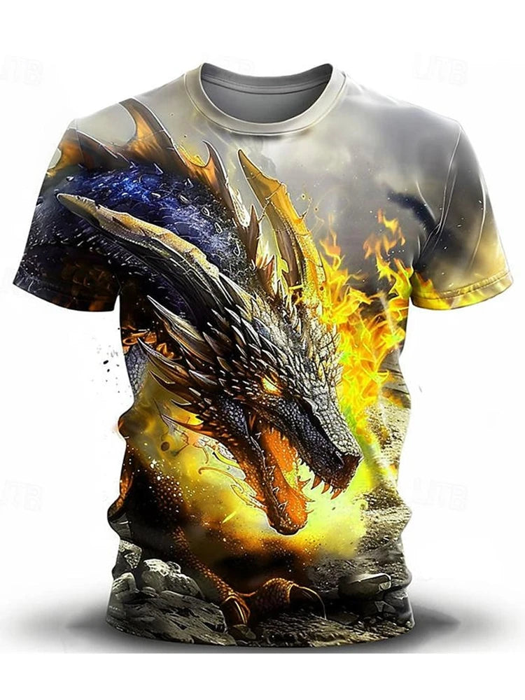 2024 zomer streetstyle heren-T-shirt, urban everyday casual top met korte mouwen, 3D-drakenprint, outdoor heren-T-shirt