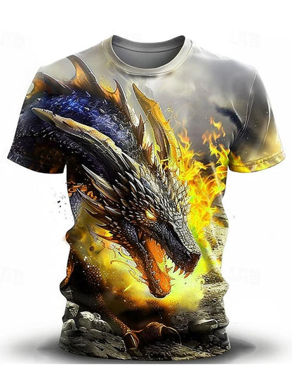 2024 zomer streetstyle heren-T-shirt, urban everyday casual top met korte mouwen, 3D-drakenprint, outdoor heren-T-shirt