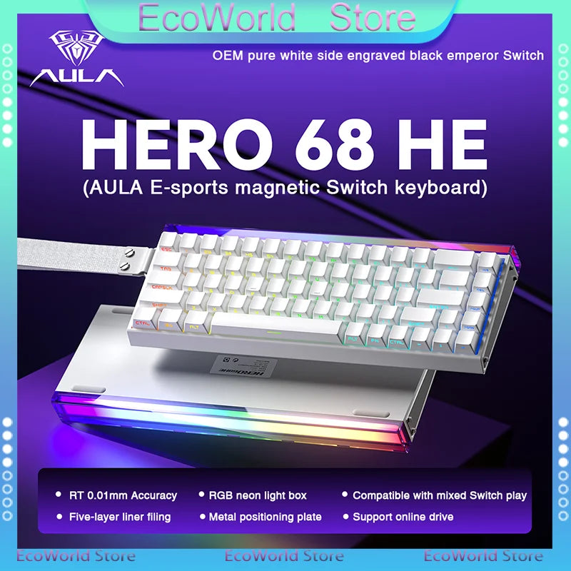 Teclado mecânico gaming com fios AULA HERO68 HE, switches magnéticos, Rapid Trigger, taxa de polling 8K, RGB, para esports