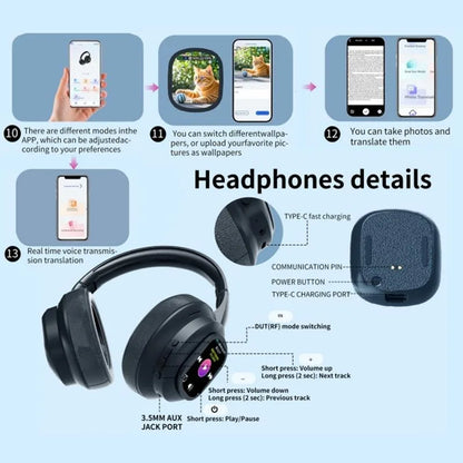 KI-LCD-Touchscreen kabellose Bluetooth-Kopfhörer – ANC-Geräuschunterdrückung, tiefer Bass, Gaming-Headset mit HD-Mikrofon