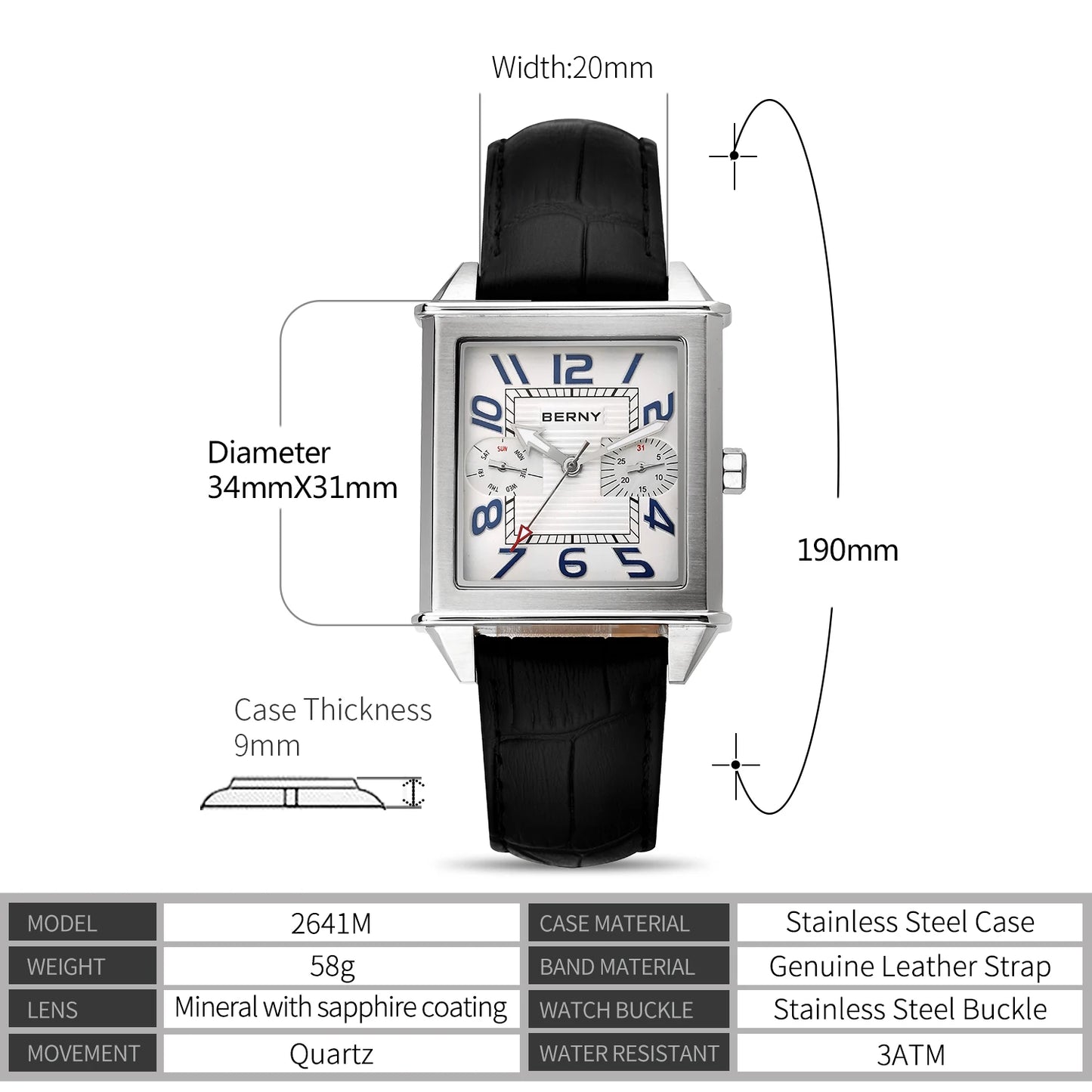 BERNY 6P25 Quartz Watch for Men Golden New Square Wristwatch Vintage Day Top Leather 3ATM Waterproof Luxury Watch Male