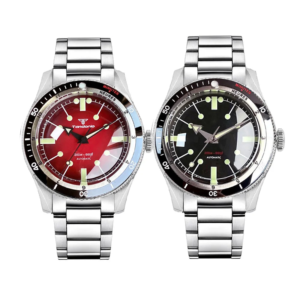 Tandorio NH35A PT5000 Mechanical Men's Watch 20BAR Waterproof Sapphire Luminous Red Black Dial Stainless Steel Bracelet New Clock