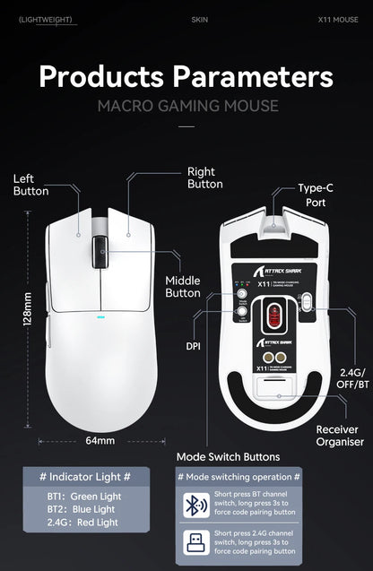 Attack Shark X11&R1 Tri Mode Bluetooth Wireless Mouse With Charger Base RGB Ergonomics Mice Lightweight PC Gamer Accessories