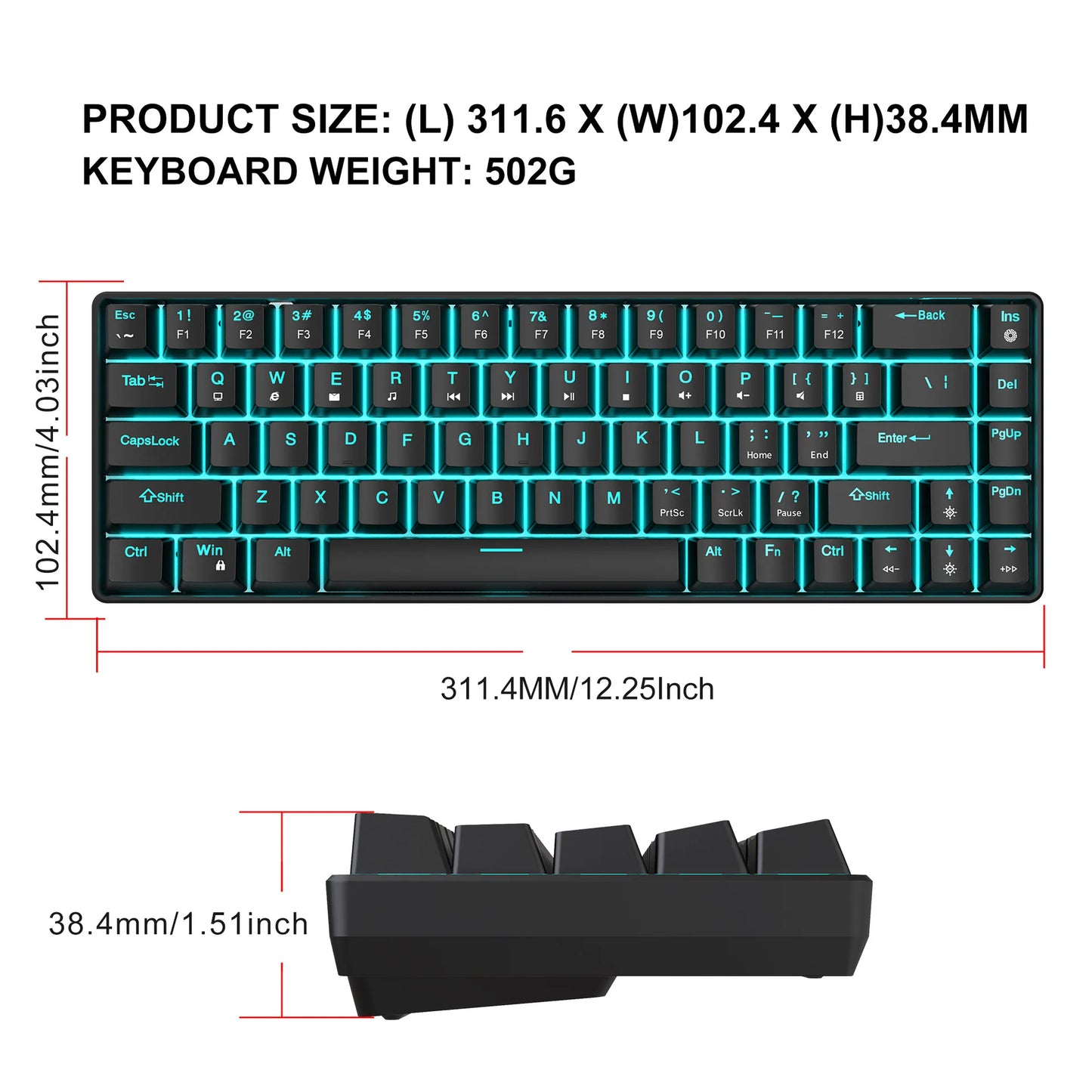 Teclado mecânico gaming 60% USB com teclas brancas, mini teclado gamer ergonómico para computador, retroiluminado, música, teclado para PC