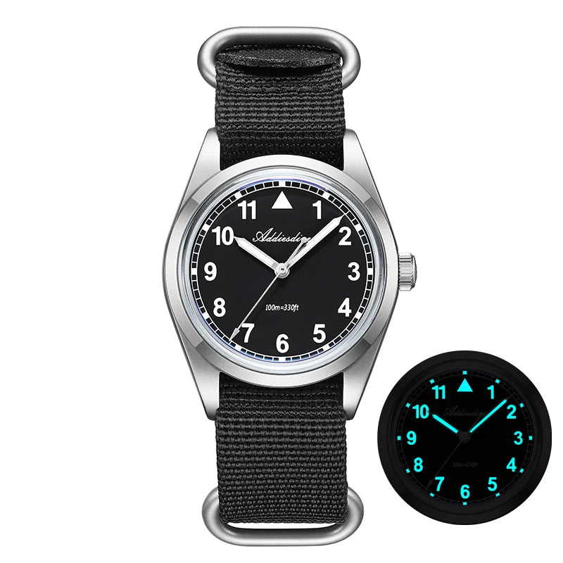 Orologio analogico da uomo ADDIESDIVE 36mm con vetro a specchio bombato, impermeabile 100m, luminoso, semplice, al quarzo, con cinturino in nylon