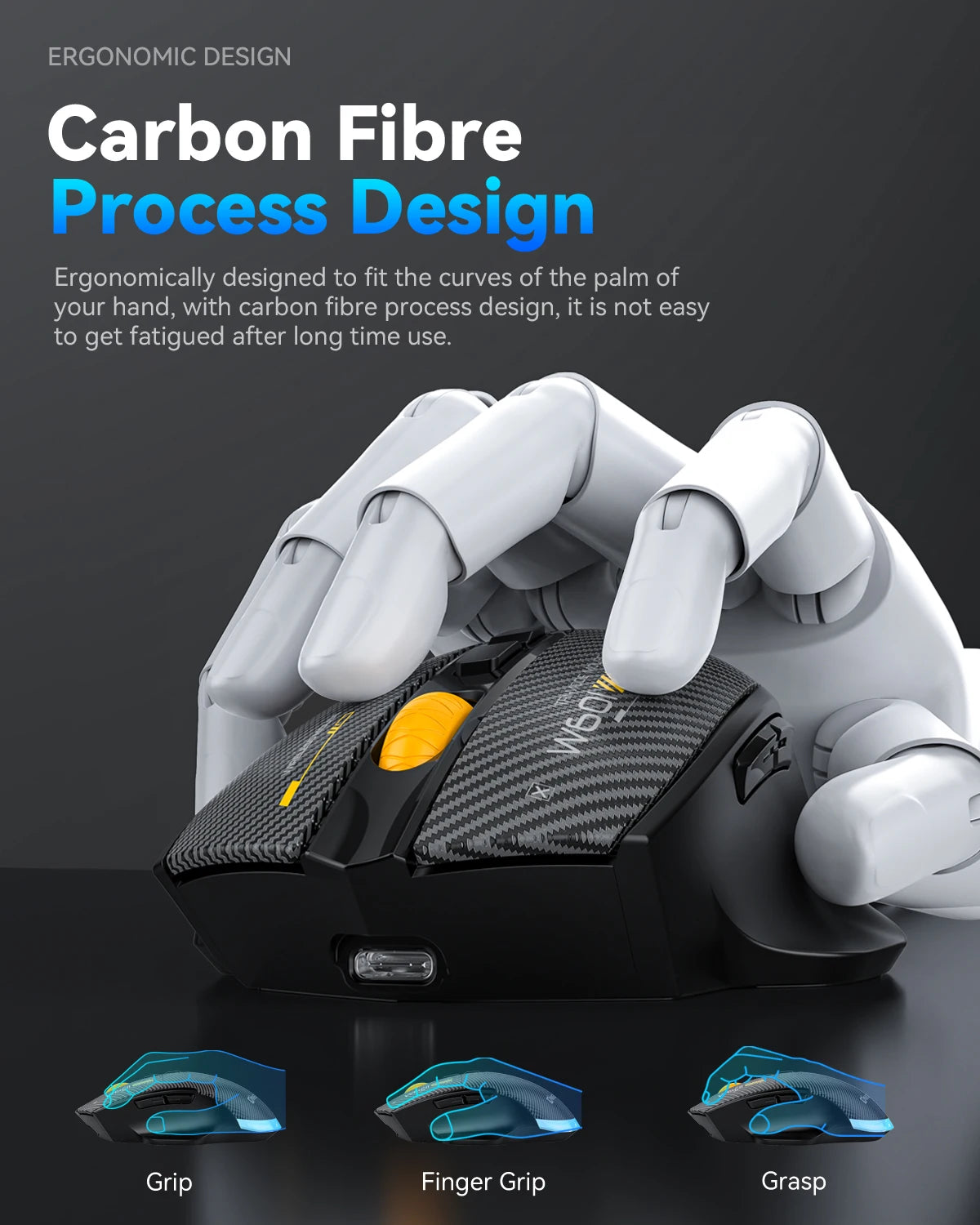 12800 DPI 2.4G Wireless Bluetooth Wired Tri-mode Mouse Mute Button Macro Programming Carbon Fiber Gaming Mouse 500mAh 7 Keys
