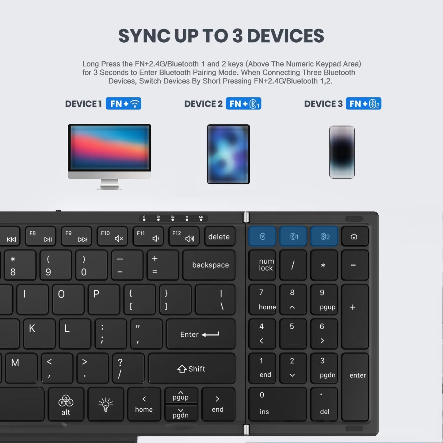 Jomaa Backlit Full Size Folding Keyboard Bluetooth+USB Wireless Keyboard with Touchpad Numeric Pad for Laptop Windows