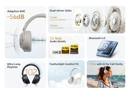 Cuffie Bluetooth 6.0 Over-Ear QCY H3S con ANC adattivo -56dB – Headset wireless Hi-Res LDAC, batteria 102H, audio spaziale Dual Driver