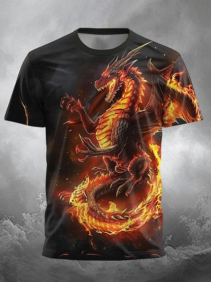 2024 zomer streetstyle heren-T-shirt, urban everyday casual top met korte mouwen, 3D-drakenprint, outdoor heren-T-shirt