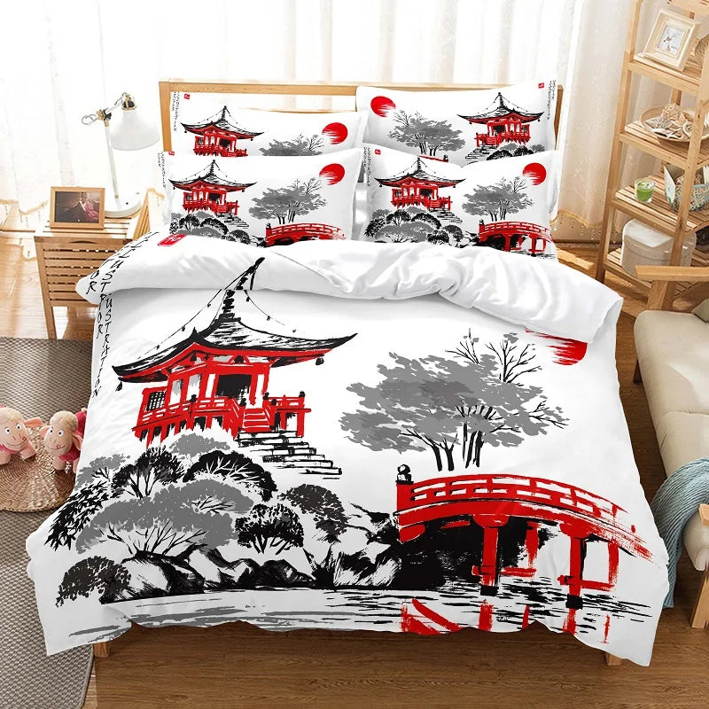 Conjunto de capa de edredão com pintura de bambu, conjunto de roupa de cama em estilo chinês, linho juvenil, tamanho Queen, conjunto de capa de edredão, conjunto de roupa de cama moderno