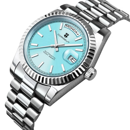 Orologio meccanico da uomo CORGEUT NH36 con indicazione di giorno e data, bracciale President, cassa in acciaio, lunetta arcuata filettata, impermeabile