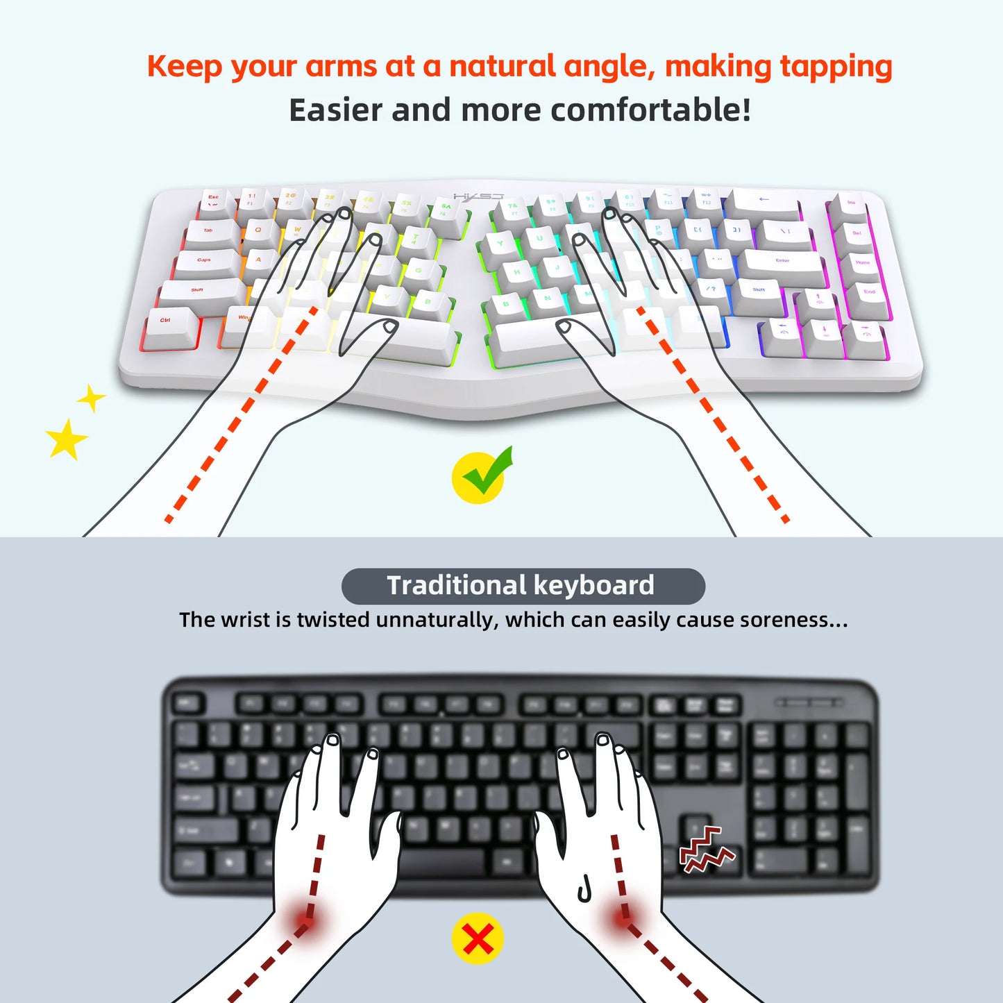 69 Key Wired Ergonomic Gaming Keyboard Keyboard Silent Irregular RGB Backlit Keyboard for Windows Linux Home Office Game PC