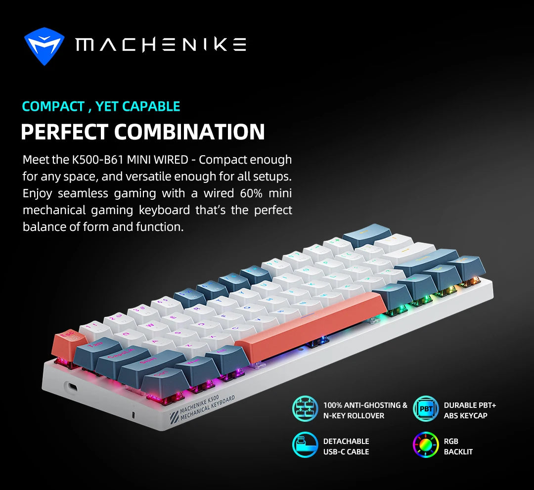 K500-B61 Machenike Mini Teclado Mecânico 60% 61 Teclas Gaming com Fio, Totalmente Hot-Swappable, Retroiluminação RGB