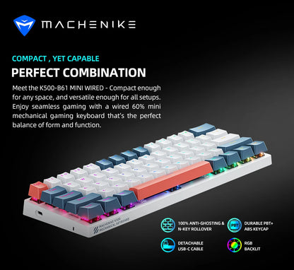 K500-B61 Machenike Mini Teclado Mecânico 60% 61 Teclas Gaming com Fio, Totalmente Hot-Swappable, Retroiluminação RGB