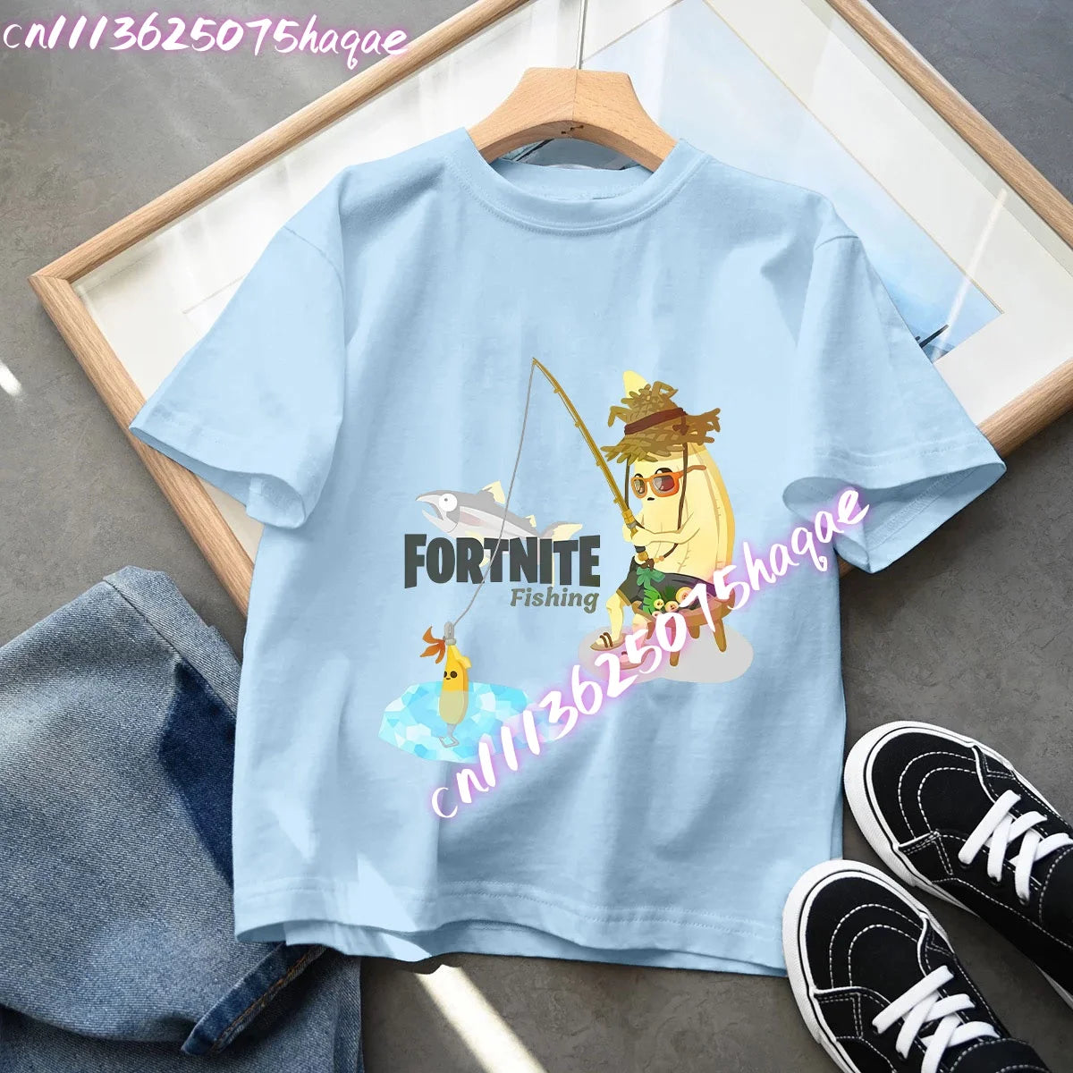 T-shirt azul de algodão Fortnite para criança, camisola de manga curta Fortress Night para bebé, top kawaii com desenho animado para menino e menina, roupa de verão, prenda