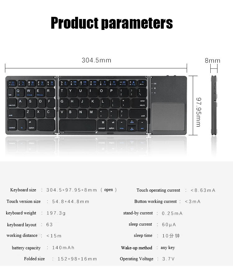 Wireless Folding Keyboard Bluetooth Keyboard With Touchpad For Windows, Android, IOS, Phone, Multi-Function Button Mini Keyboard