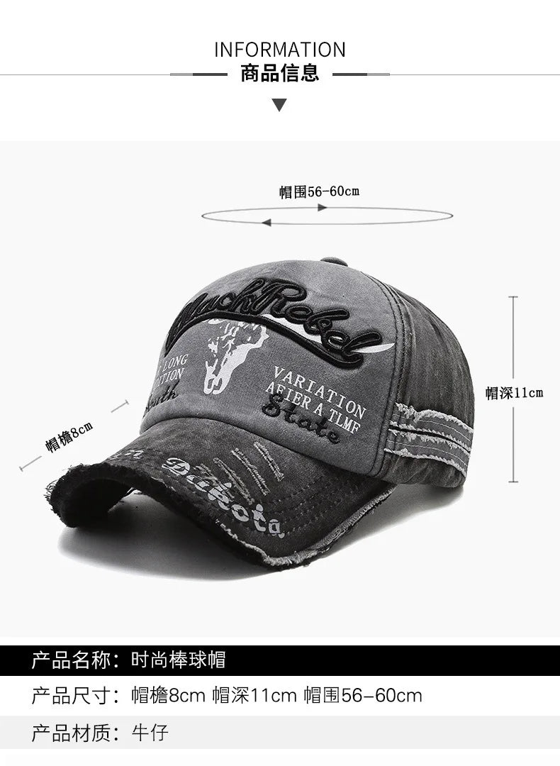 Șapcă de baseball vintage cu litere brodate, model „Bull Washed”, pălărie de soare retro pentru bărbați și femei, șapcă casual cu cozoroc în stil hip-hop