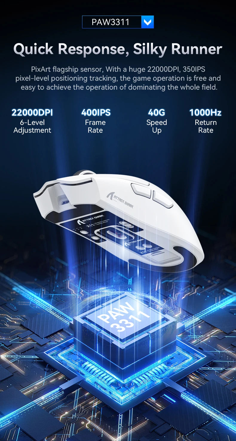 ATTACK SHARK X11 Tri-Mode Lightweight Gaming Mouse with PAW3311, 22000DPI, 400IPS, 40G, 59g, Magnetic Fast Charging, RGB Backlight